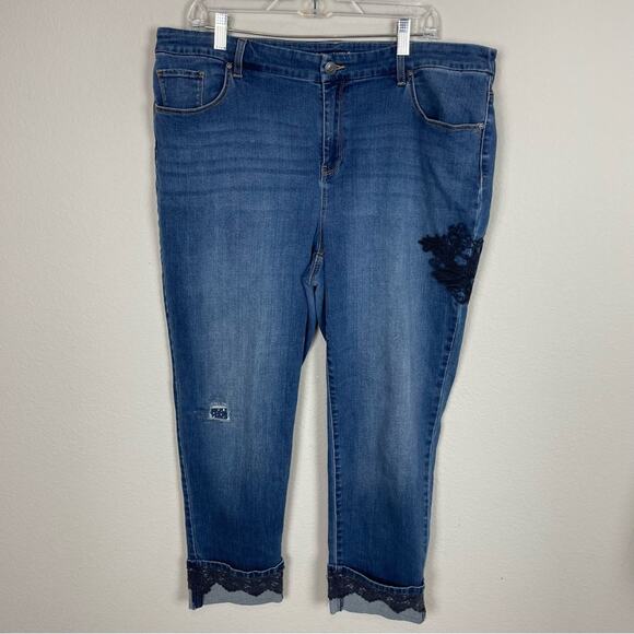 Chico's Blue Denim Floral & Patch Embellished Ankle Jeans 3 - Picture 2 of 10